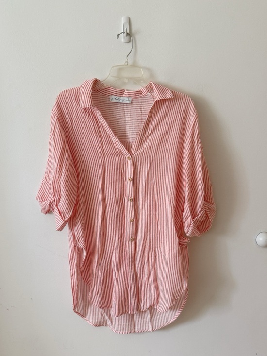 Petal & Pup Tops - Petal & Pup Coral and White Striped Oversized Shirt
